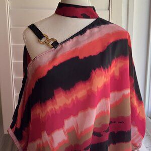 NY&C Tie-Dye Print Asymmetric Chain-Detail Cold-Shoulder Blouse